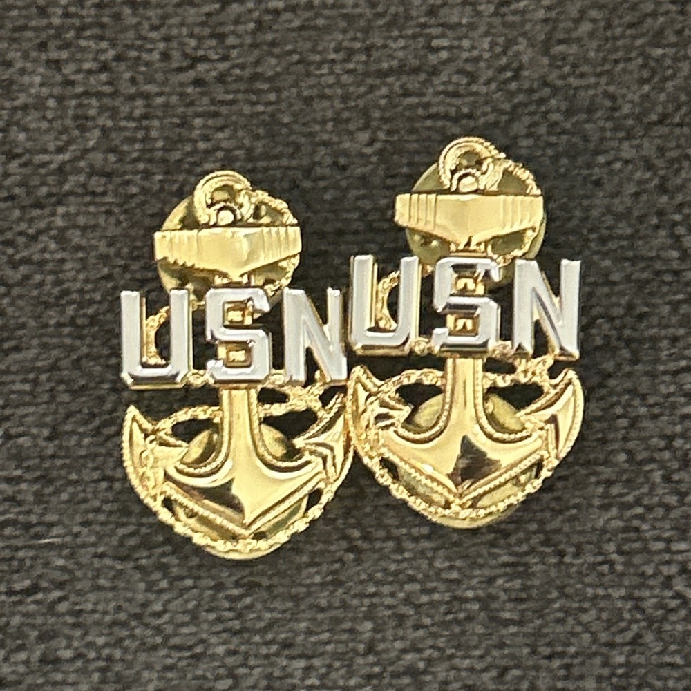 Lot of 2 Vintage US Navy Chief Petty Officer Badge Pin Gold Silver USN Military